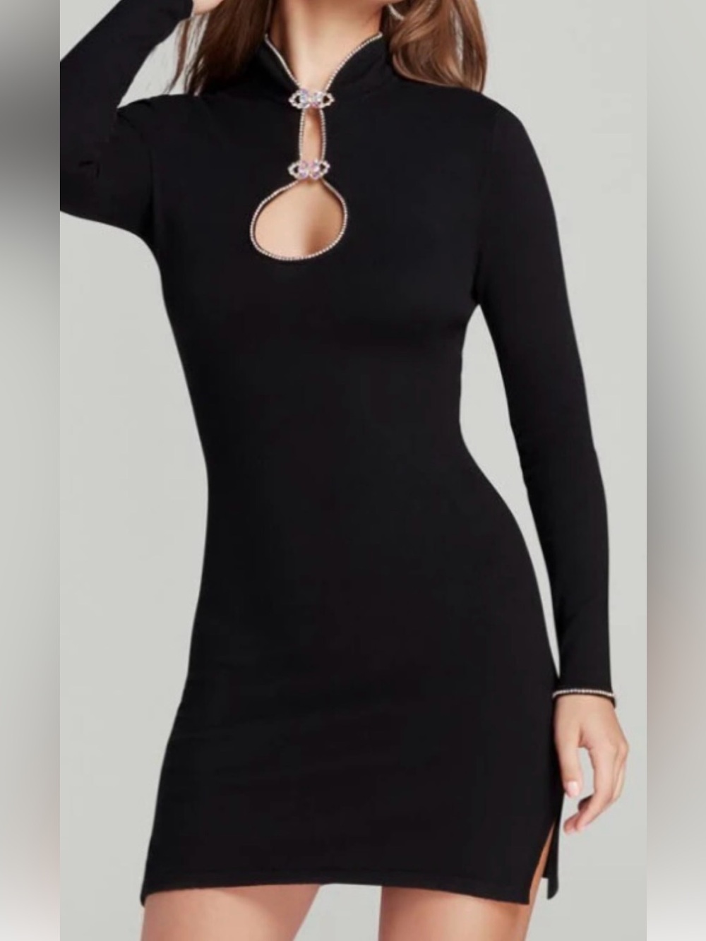 Agent Provocateur Black Long-Sleeve Keyhole Bodycon Dress with Rhinestone Trim